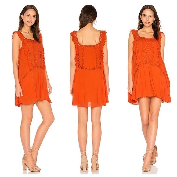 Free People “Priscilla” Embroidered Bodice Ruffle  Sleeves Orange M Mini Dress - Picture 1 of 15